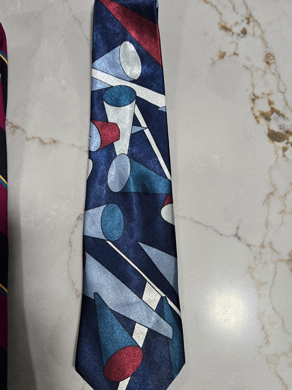 Navy Geometric Patterned Silk Tie with Teal and Burgundy Accents